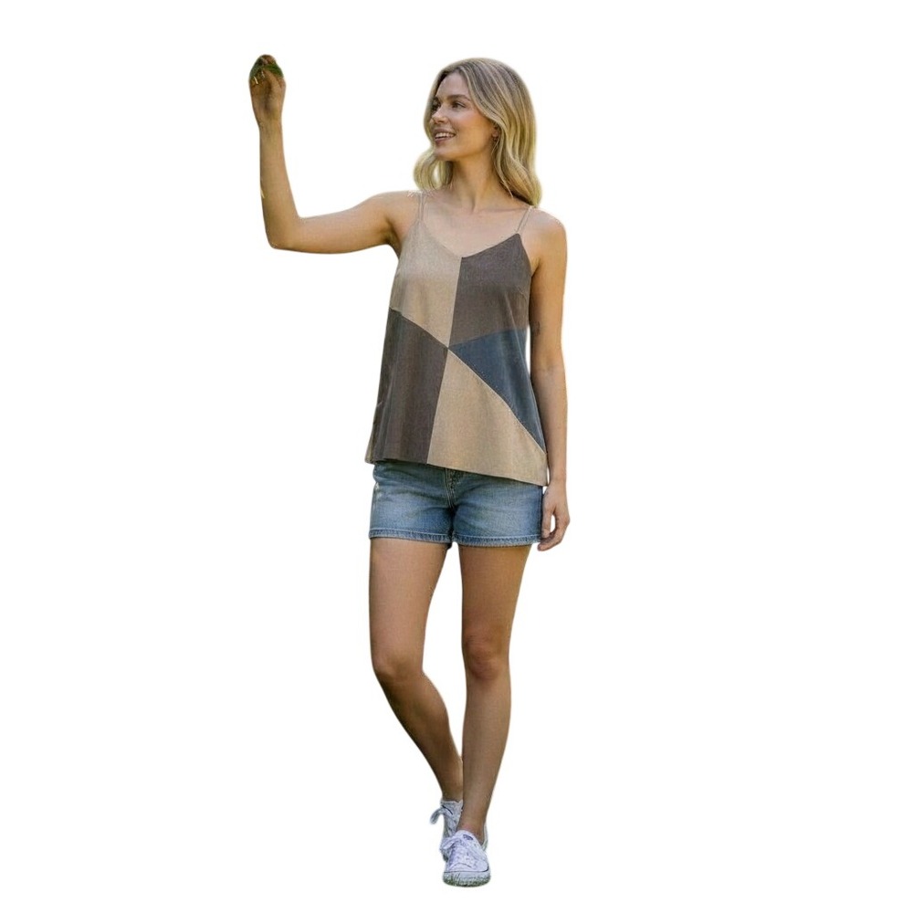 Crosby Women's L Patchwork Geometric Flowy Chic Camisole Tank Top Tan Brown Blue